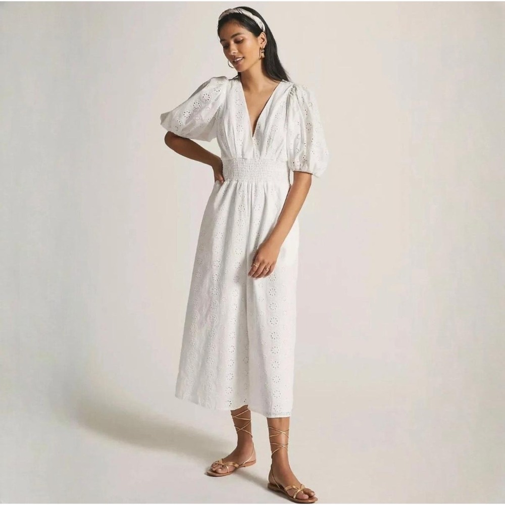 Hutch Anthropologie White Eyelet Cotton Jumpsuit Puff Sleeve Smocked Wide Leg XS